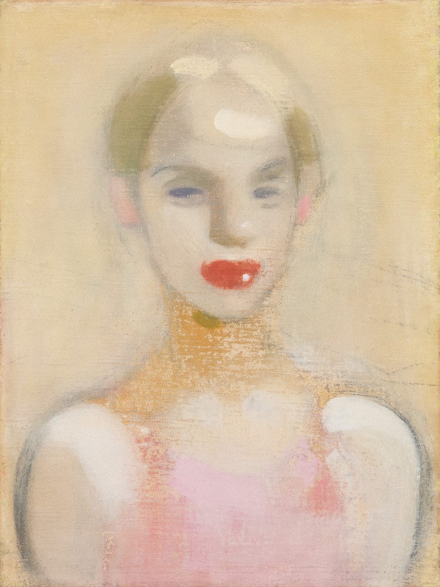 A painting of a woman with bright red lips.